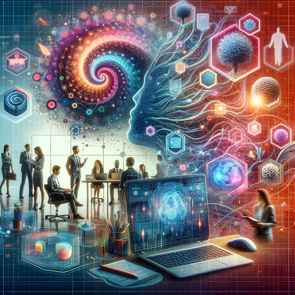 Professional and inviting image for the 'About Us' section of Digital AI Digest, featuring diverse professionals working together, digital interfaces showcasing AI technology, and a welcoming office environment. The background includes deep 3D neural networks with vibrant colors and intricate connections, conveying trust, innovation, and collaboration.