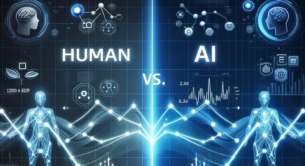 Comparison graphic showcasing human vs. AI trading performance with two line charts. Human trading is represented with more fluctuations, while AI trading is shown with a smoother line. The background features a sleek, modern design with digital financial elements such as data charts, graphs, and cryptocurrency symbols.