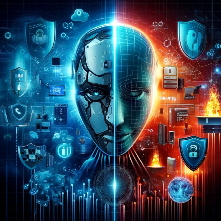 Compelling image illustrating the dual role of AI in the fight against cybercrime. One side shows AI as a defender with shields, firewalls, and secure data streams protecting a network, while the other side depicts AI being exploited by cybercriminals with hacking, malware, and data breaches. The background includes digital grids and network lines, creating a high-tech, cyber environment.