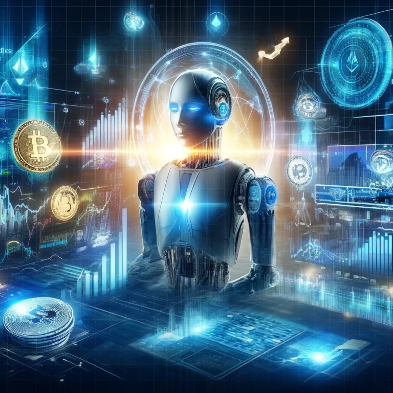 Dynamic and futuristic image showcasing AI revolutionizing crypto trading. Features AI algorithms analyzing cryptocurrency market trends, robotic trading systems, and digital financial data. Includes visuals of popular cryptocurrencies like Bitcoin and Ethereum, with data charts and graphs showing real-time trading information in a high-tech environment with digital interfaces and holographic displays.