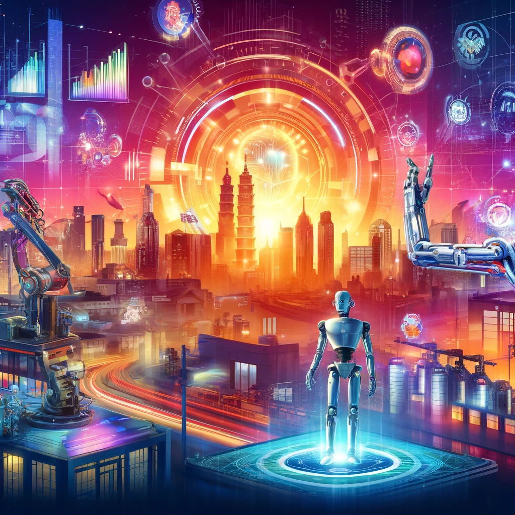 Vibrant and dynamic image showcasing AI revolutionizing automation unveiled at the Taipei Summit. Features advanced robotics, AI-driven machinery, and automated processes in a high-tech setting. Elements include smart factories, digital interfaces displaying AI analytics, and holographic displays of futuristic technology with Taipei cityscape in the background.