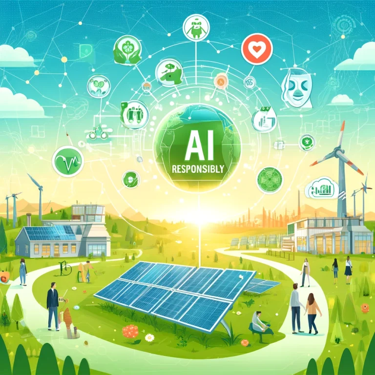 Hopeful and forward-looking image illustrating AI shaping a brighter future responsibly, featuring AI technology in sustainable energy, healthcare, and education. Elements include solar panels powered by AI, a medical AI interface, and a digital classroom. The background showcases a clean, green environment with clear skies, wind turbines, and diverse people benefiting from AI.