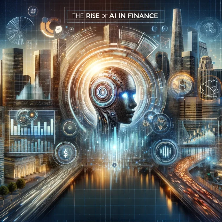 Sophisticated and dynamic image illustrating the rise of AI in finance, highlighting enhanced market efficiency and hyper-financialization. Features advanced financial data analytics, AI algorithms optimizing market strategies, digital trading platforms, automated trading systems, and financial graphs with a futuristic cityscape background representing financial hubs