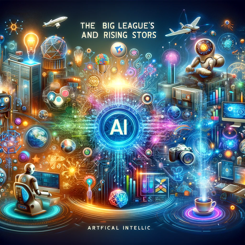 Vibrant and detailed image showcasing AI's big leagues and rising stars, including logos of leading AI companies like OpenAI, Google AI, IBM Watson, and emerging AI startups. The scene depicts various AI applications such as robotics, data analytics, natural language processing, and smart environments, set against a modern, high-tech background representing AI innovation and growth.