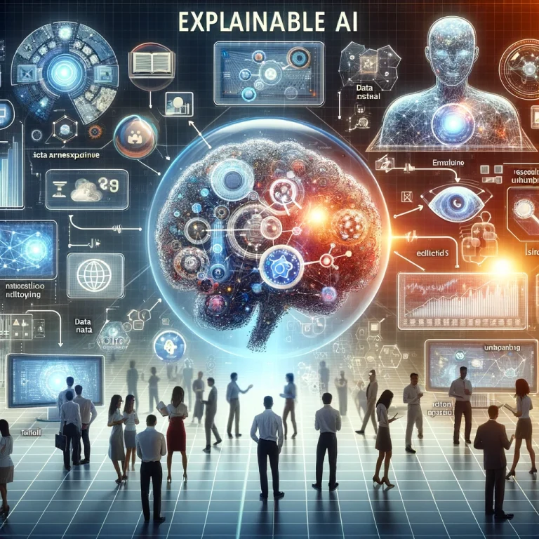 Detailed and informative image showcasing Explainable AI (XAI) with transparent AI algorithms, visual representations of neural networks, data flow charts, and diverse people interacting with AI technology. The background features digital interfaces and holographic screens symbolizing data analysis and transparency, emphasizing clarity and understanding in AI.