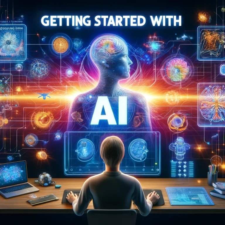 Hyperrealistic and futuristic image illustrating the concept of getting started with. Features a person learning on a high-tech computer with holographic tutorials and step-by-step guides. Includes detailed educational icons, charts, and diagrams with advanced deep 3D neural networks, vibrant colors, and logos of major players such as OpenAI, Google AI, IBM Watson, and Microsoft Azure.