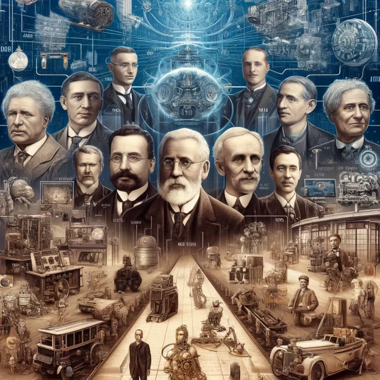 Detailed and captivating image illustrating the history and creation of AI, depicting a timeline with key figures and milestones in AI development. Includes portraits of AI founders Alan Turing, John McCarthy, Marvin Minsky, Herbert A. Simon, and Allen Newell, early computing machines, and modern AI applications like neural networks and robots. The background blends historical and futuristic elements, representing the evolution of AI over time.