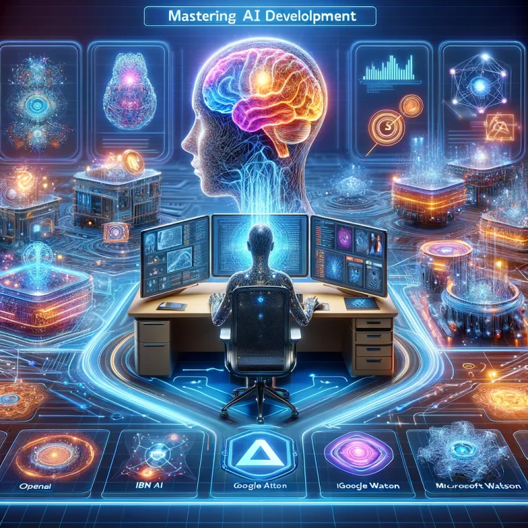 Hyperrealistic and futuristic image illustrating the concept of mastering AI development. Features a person working on a high-tech computer with holographic tutorials and step-by-step guides for building an AI model. Includes detailed educational icons, charts, and diagrams with advanced deep 3D neural networks, vibrant colors, and logos of major players such as OpenAI, Google AI, IBM Watson, and Microsoft Azure.