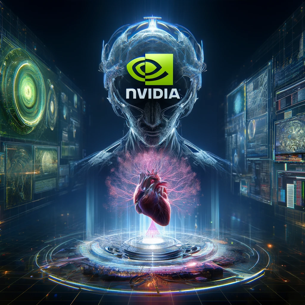 Dynamic and futuristic image showcasing NVIDIA's Blackwell Platform as a generative AI game changer. Features advanced graphics, neural networks, and AI-driven game development tools with NVIDIA's logo and digital elements like data streams, holographic interfaces, and high-tech gaming environments.