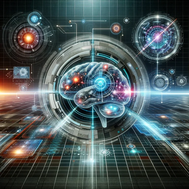 Futuristic and high-tech image illustrating the concept of revolutionizing AI with neuromorphic computing, featuring quantum processors, neural networks, and digital brain interfaces. Includes visuals of advanced computing hardware, AI algorithms, and data streams representing the fusion of AI and neuromorphic computing with a sleek, modern design and digital grids.