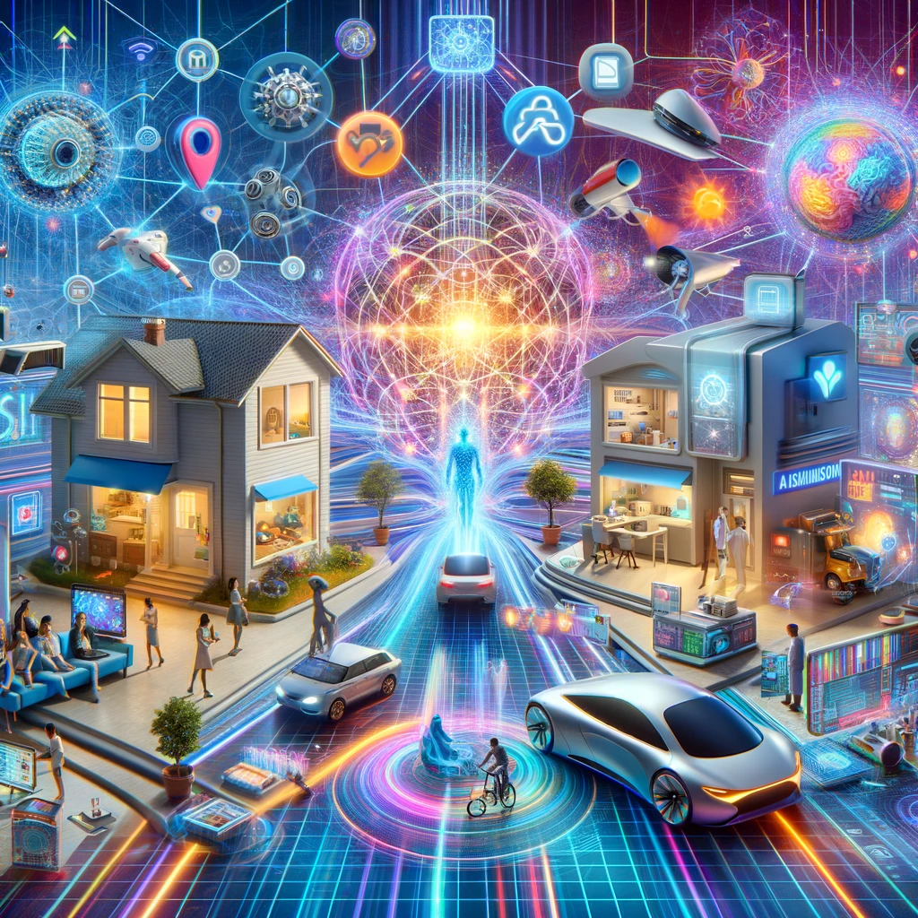 Hyperrealistic and futuristic image illustrating the concept of real-life AI transforming everyday lives. Features various scenarios such as a smart home, healthcare applications, autonomous vehicles, and educational tools, all enhanced by AI technology. Includes detailed representations of AI-driven devices and interfaces interacting with people, with advanced deep 3D neural networks in the background.