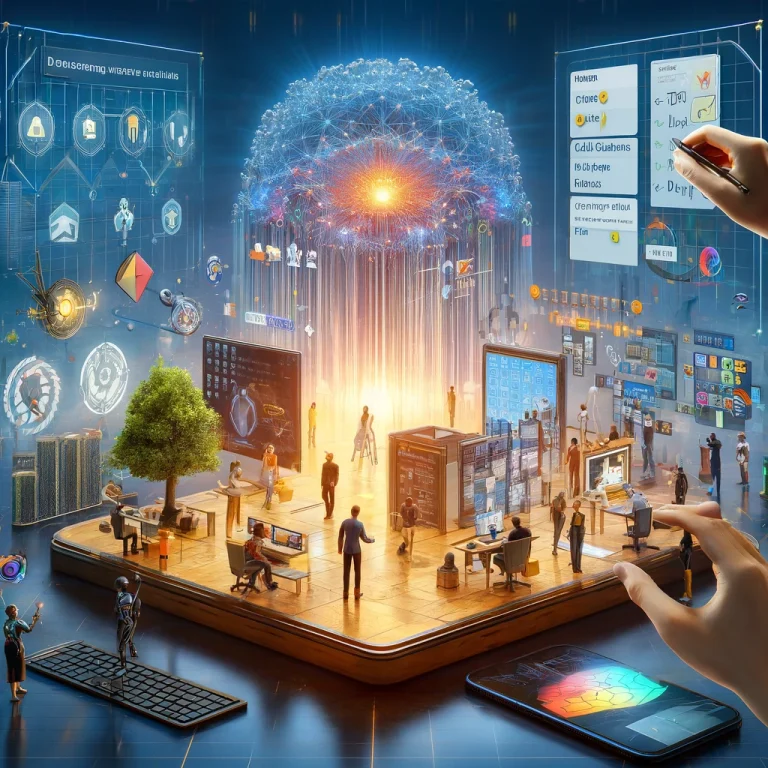 Hyperrealistic and futuristic image illustrating the concept of discovering the ultimate productivity tool, Notion. Features various scenarios such as a person organizing tasks, managing projects, and collaborating using Notion on a computer or tablet. Includes detailed representations of Notion's interface with to-do lists, calendars, and databases, with people interacting seamlessly with the tool and advanced deep 3D neural networks in the background.