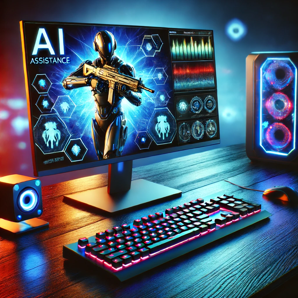 A dynamic image of a futuristic gaming setup featuring an advanced monitor with highlighted enemies, representing AI assistance in gaming. The scene includes a sleek gaming desk, high-tech monitor with visual AI elements, and a vibrant color scheme with shades of blue and neon accents.