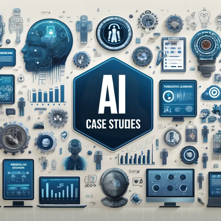 Image highlighting in-depth AI case studies, featuring applications such as healthcare diagnostics, financial fraud detection, personalized learning in education, and predictive maintenance in manufacturing. Digital screens and graphs display data and analytics related to these applications with a modern and professional design.