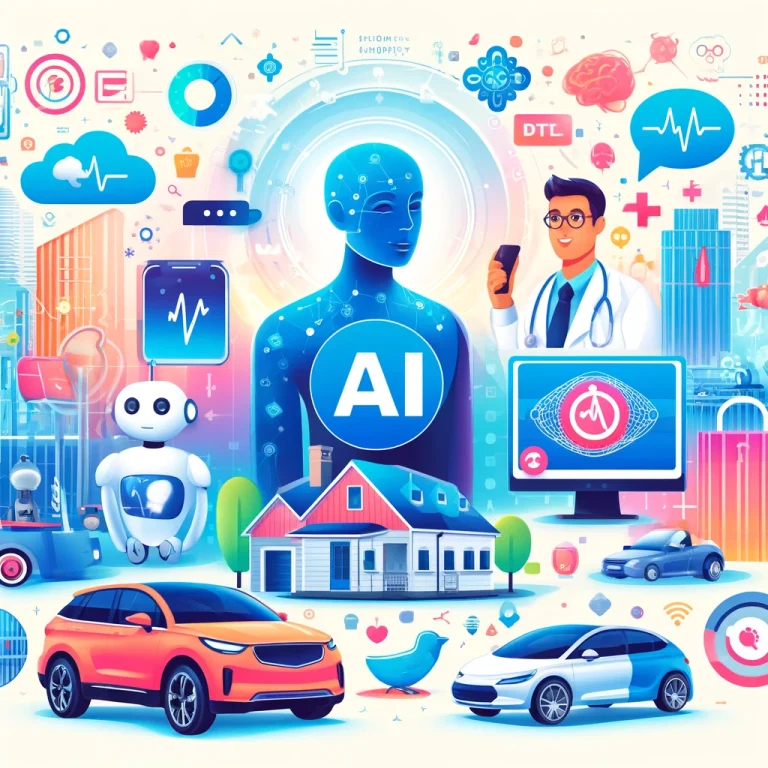 An image showcasing AI in everyday life, featuring applications such as a smart home with voice assistants, a healthcare professional using AI diagnostics, autonomous vehicles on a city street, and personalized AI recommendations on a smartphone. The background includes digital icons and elements representing AI technology, illustrating AI integration into daily activities.