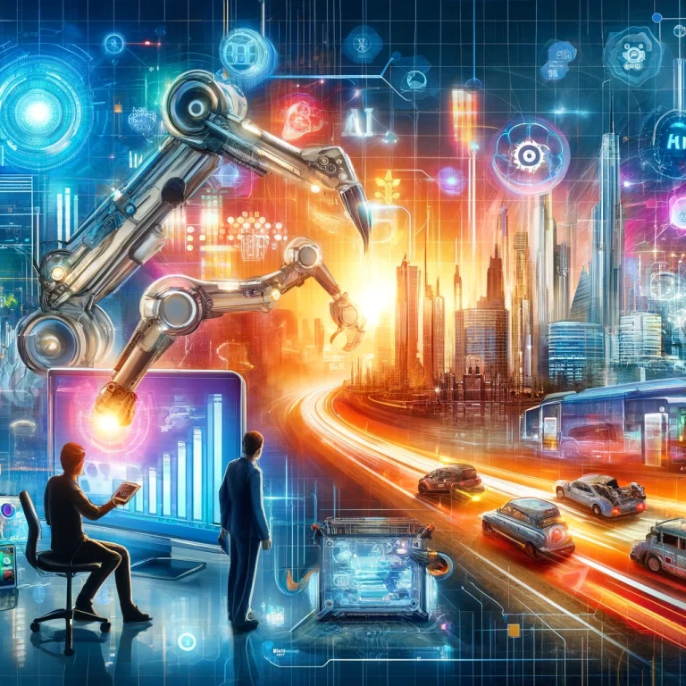 Dynamic and engaging image showcasing the latest AI trends and developments with digital screens displaying AI data and analytics, robotic arms in action, smart city landscapes with autonomous vehicles, and professionals working with AI technology. Background includes digital icons and futuristic interfaces representing cutting-edge AI innovation.